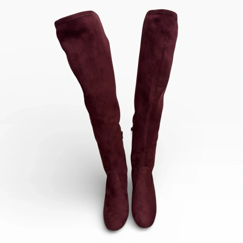 BCBGeneration Aliana Burgundy Over The Knee Stretch Boots Gold Heel Womens US 8